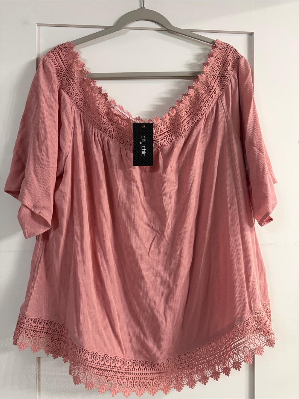 City Chic Shell Pink Crochet-Yoke Peasant Top